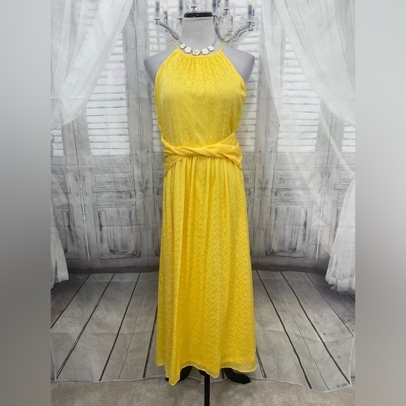 DKNY Yellow Dress Floral Halter Twist Waist Wedding Midi A-Line Party Sleeveless - Picture 1 of 11